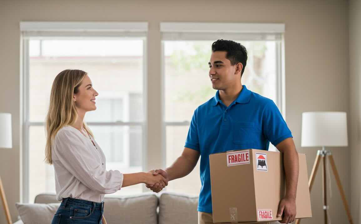 Professional movers packing household items for employee move