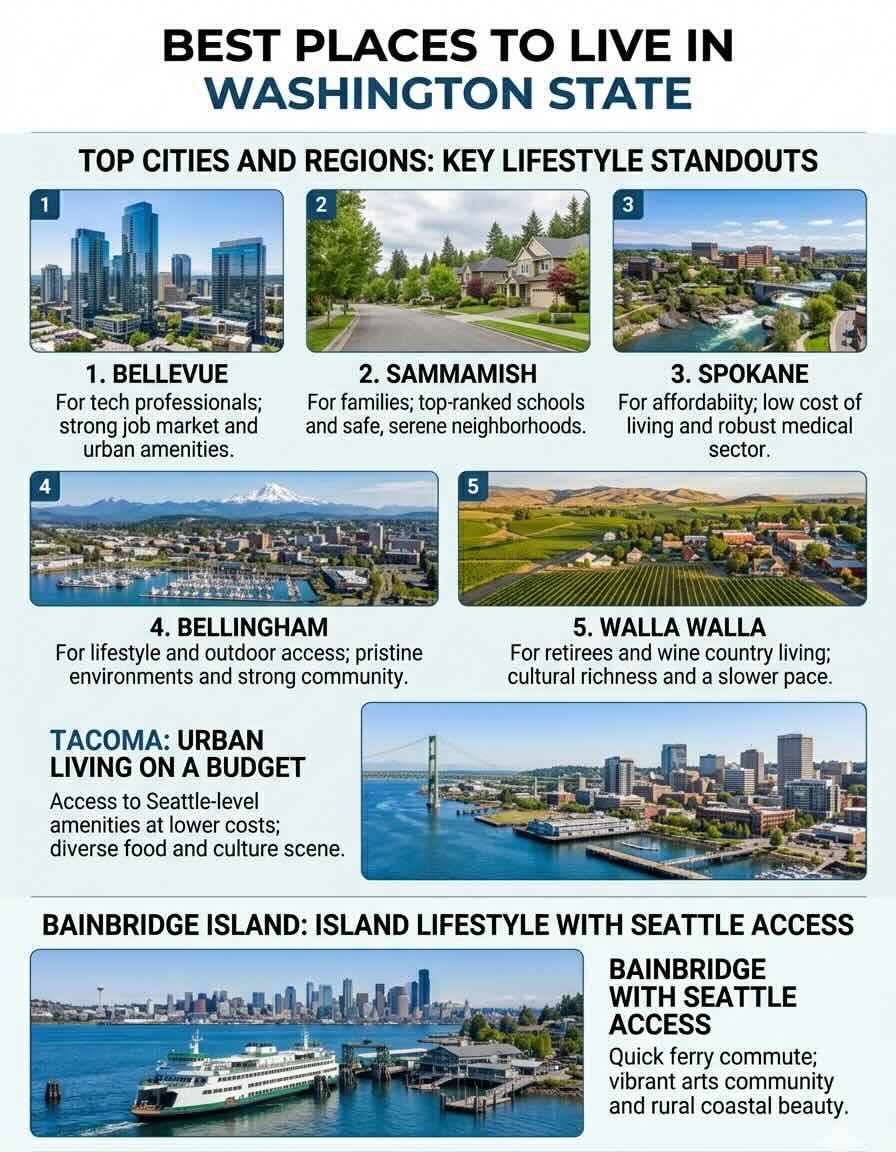 Bellevue for tech professionals; Sammamish for families; Spokane for affordability; Bellingham for lifestyle Infographic at Coastal Moving Services website