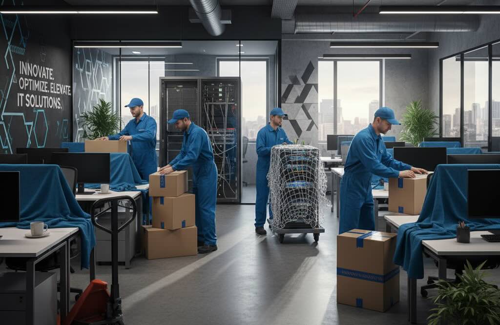 Movers disassembling and transporting office workstations