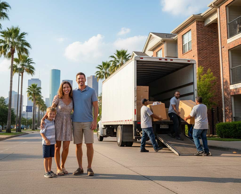 Professional residential movers carefully loading household furniture into a moving truck