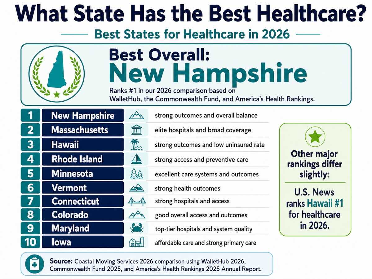 Best state for healthcare in our 2026 ranking: New Hampshire. Top five: New Hampshire, Massachusetts, Hawaii, Rhode Island, and Minnesota. WalletHub's 2026 leader: New Hampshire, which ranks especially well for health outcomes. Commonwealth Fund leader: Massachusetts ranks first in its latest State Health System Performance Scorecard. U.S. News 2026 leader: Hawaii ranks first, followed by Massachusetts and Connecticut. Lowest-ranked states in our comparison: Mississippi, West Virginia, Arkansas, Texas, and Louisiana. Healthcare and health are different: insurance coverage, doctors, hospitals, and affordability measure the healthcare system, while life expectancy and chronic disease are health outcomes influenced by many factors outside medical care.