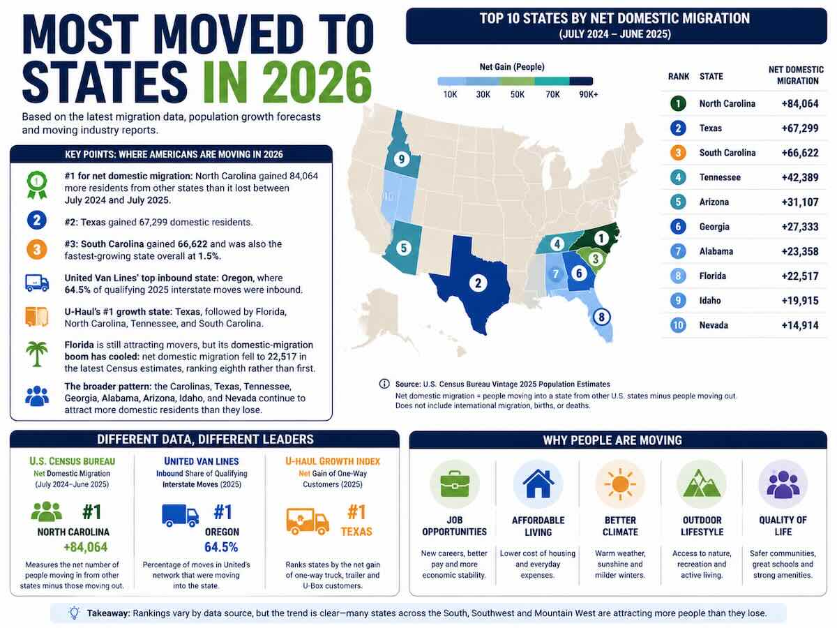 Key Points: Where Americans Are Moving in 2026: #1 for net domestic migration: North Carolina gained 84,064 more residents from other states than it lost between July 2024 and July 2025. #2: Texas gained 67,299 domestic residents. #3: South Carolina gained 66,622 and was also the fastest-growing state overall at 1.5%. United Van Lines' top inbound state: Oregon, where 64.5% of qualifying 2025 interstate moves were inbound. U-Haul's #1 growth state: Texas, followed by Florida, North Carolina, Tennessee, and South Carolina. Florida is still attracting movers, but its domestic-migration boom has cooled: net domestic migration fell to 22,517 in the latest Census estimates, ranking eighth rather than first. The broader pattern: the Carolinas, Texas, Tennessee, Georgia, Alabama, Arizona, Idaho, and Nevada continue to attract more domestic residents than they lose.