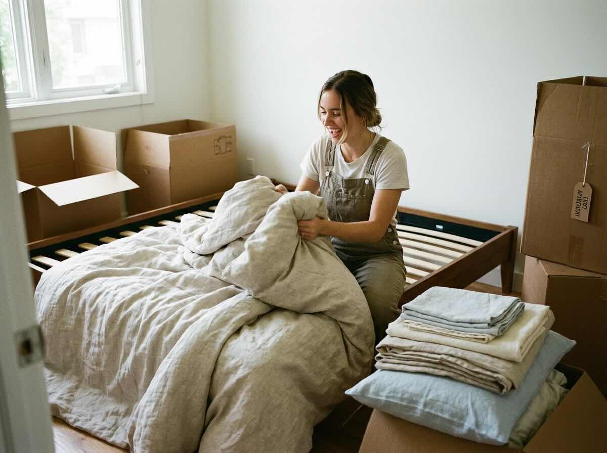moving to new house making bed