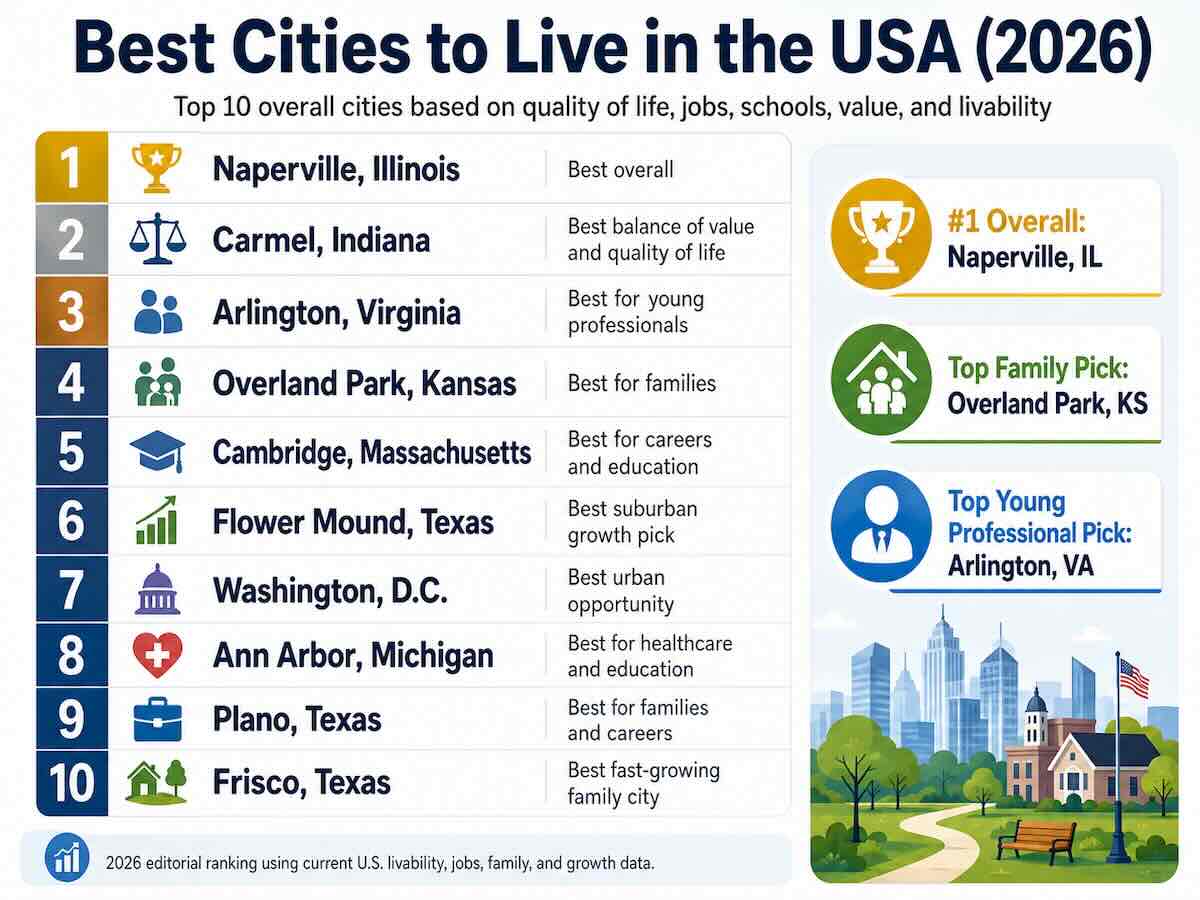 For 2026, Naperville, Illinois; Carmel, Indiana; Arlington, Virginia; Overland Park, Kansas; and Cambridge, Massachusetts lead our overall list. Each performs well across several of the factors that matter when people actually decide where to live, including employment, housing value, schools, safety, healthcare, transportation and access to things people want to do outside work.