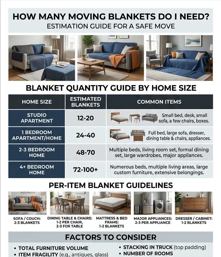 How to use moving blankets also how many  is needed for moving, infographic by Coastal Moving Services