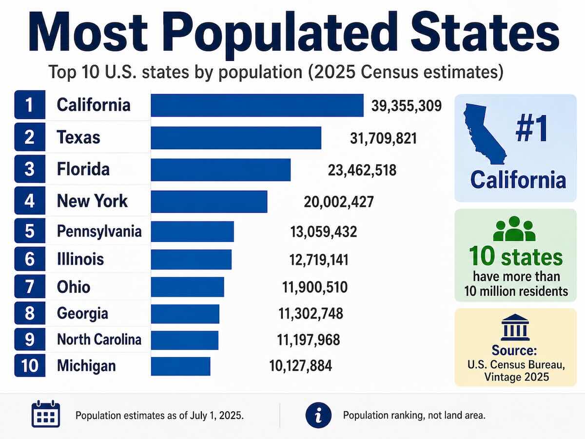 Most populated state: California, with 39,355,309 residents. Second most populated state: Texas, with 31,709,821 residents. Least populated state: Wyoming, with 588,753 residents. States above 10 million people: 10 states. States below 1 million people: 5 states. Largest population gain from 2024 to 2025: Texas, up 391,243 residents. Fastest percentage growth: South Carolina, up 1.5% from 2024 to 2025. Most populated U.S. region: The South, with 133,833,983 residents.