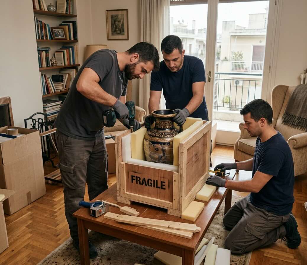 Custom wooden crate being built around a large piece of artwork