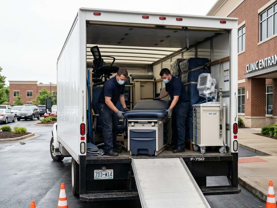 Movers carefully transporting medical office equipment and furniture