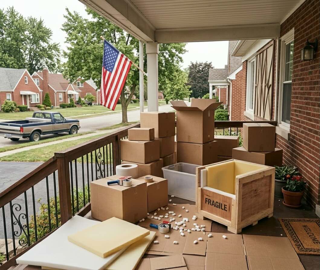 Stack of moving boxes and packing supplies ready for a self-pack move