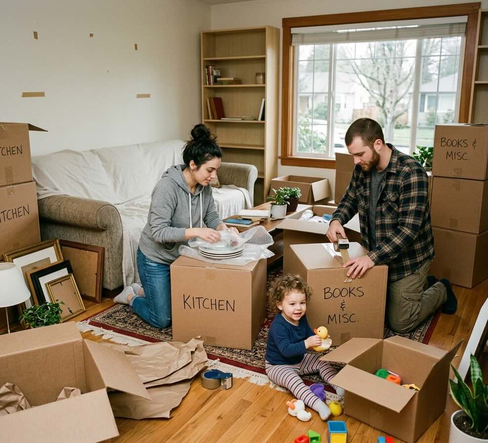 Mover packing selected fragile items while homeowner handles other boxes