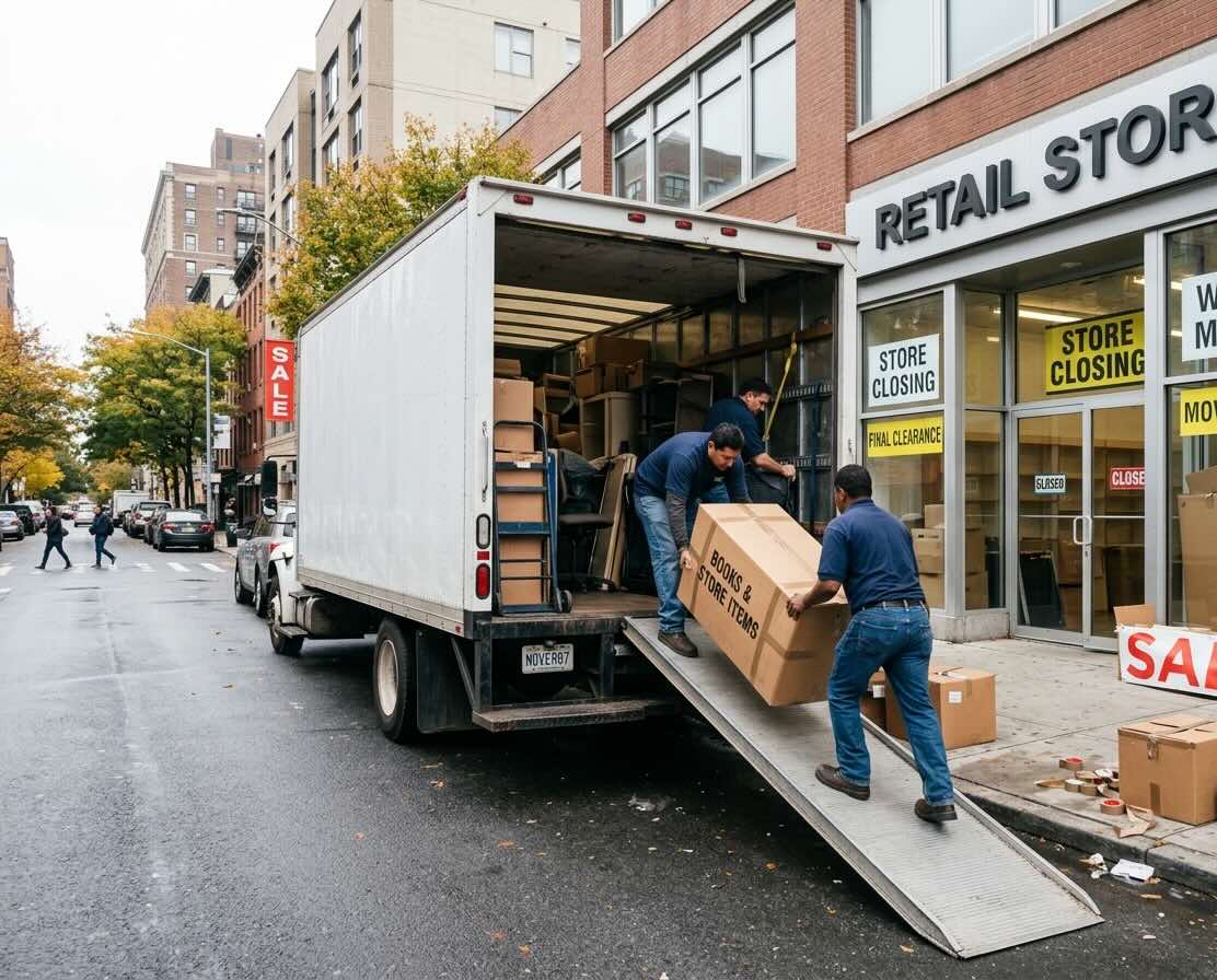 Moving crew relocating retail fixtures and display units