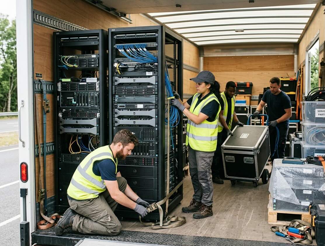 IT equipment and server racks being prepped for relocation