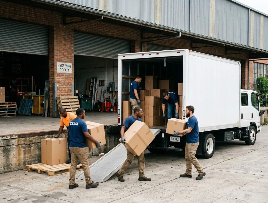 Industrial movers relocating warehouse racking and heavy equipment