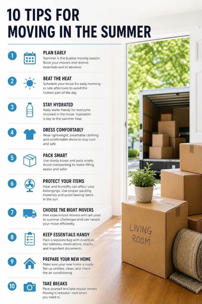 list of 10 tips for moving in the summer will help you to organize your summer move