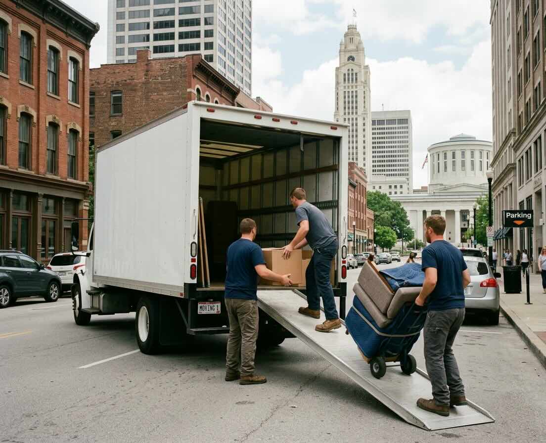 Moving crew loading an unbranded white moving truck on a city street in downtown Columbus, Ohio.