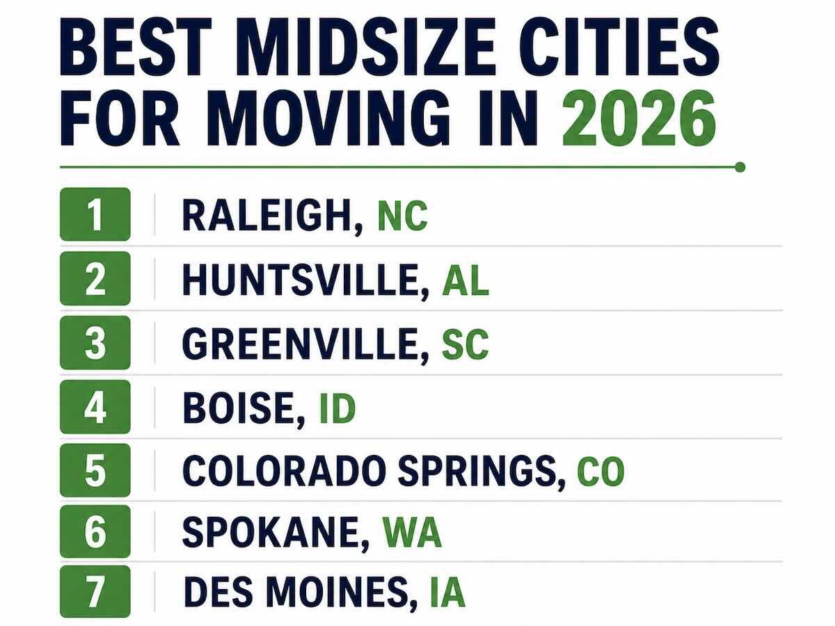 Best Midsize Cities For Moving in 2026 Raleigh, NC, Huntsville, AL, Greenville, SC, Boise, ID, Colorado Springs, CO, Spokane, WA, and Des Moines, IA lead this year's list based on job growth, housing affordability, quality of life, and inbound migration data.