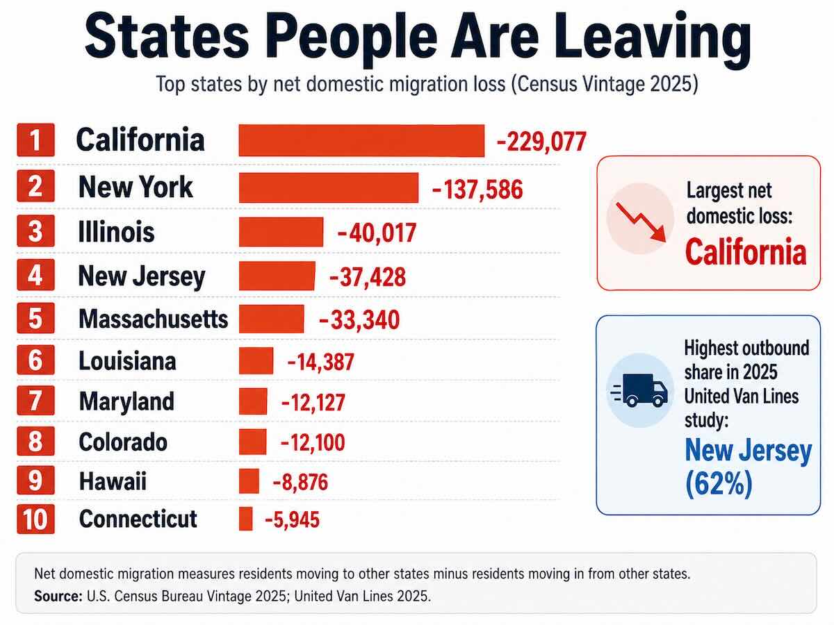 states people are leaving 2026
Largest net domestic migration loss: California, at -229,077 residents from July 2024 to July 2025. Second-largest net loss: New York, at -137,586. Most people moving out in gross volume: California, with an estimated 661,205 residents moving to another state during 2024. Highest outbound share in the 2025 United Van Lines study: New Jersey at 62% outbound, followed by New York and California at 58%. U-Haul's largest 2025 net loss: California ranked 50th on the U-Haul Growth Index for the sixth consecutive year. Why Americans move: United Van Lines' 2025 survey found proximity to family was the most commonly reported reason at 29%, followed by a new job or company transfer at 26% and retirement at 14%.
